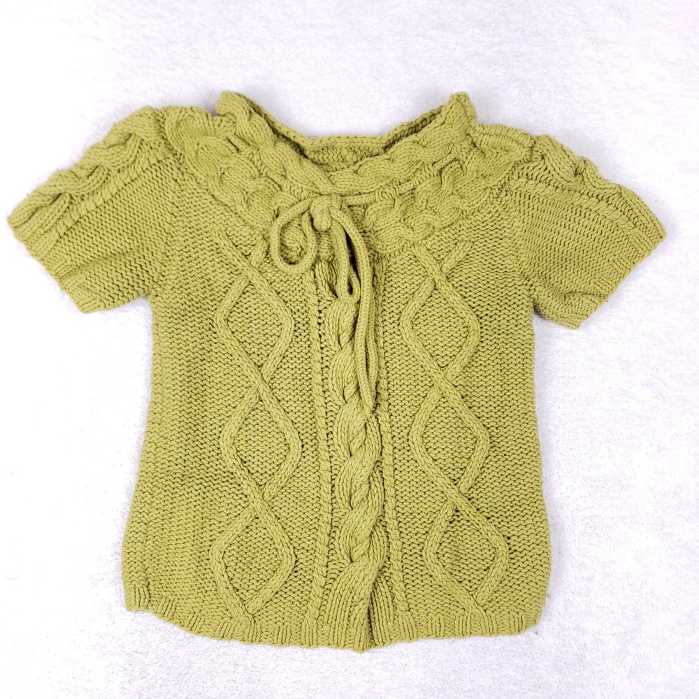 Vintage Style Cable Knit Sweater Top Women Small S Green Short Sleeve Tie Boho